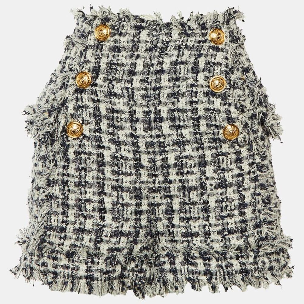 Balmain Navy Blue /white Tweed Frayed Hem Shorts M